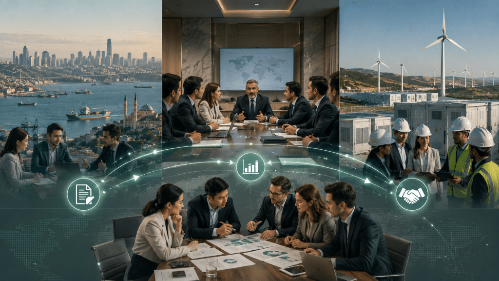 伊斯坦布尔的海峡、现代城市天际线、港口和商务会议，代表市场入口与产业连接